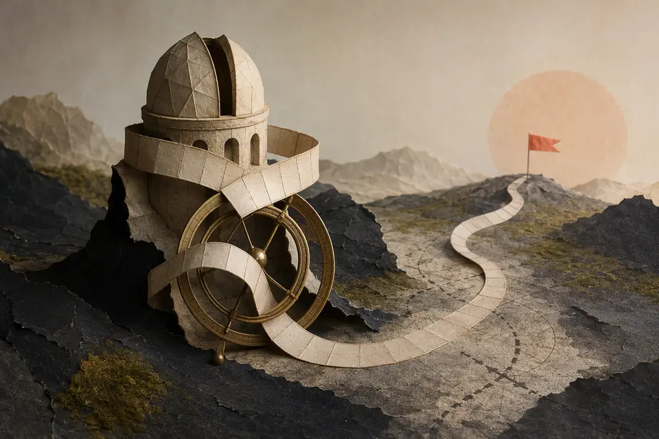 A paper observatory feeds a calendar-tile path toward a coral flag on the horizon.